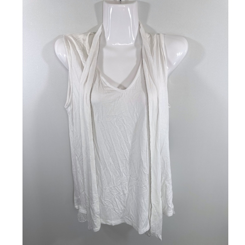 Elie Tahari White Lorde Knit Rhinestone Trim‎ Lace Hem Top Women MED NWT Luxury